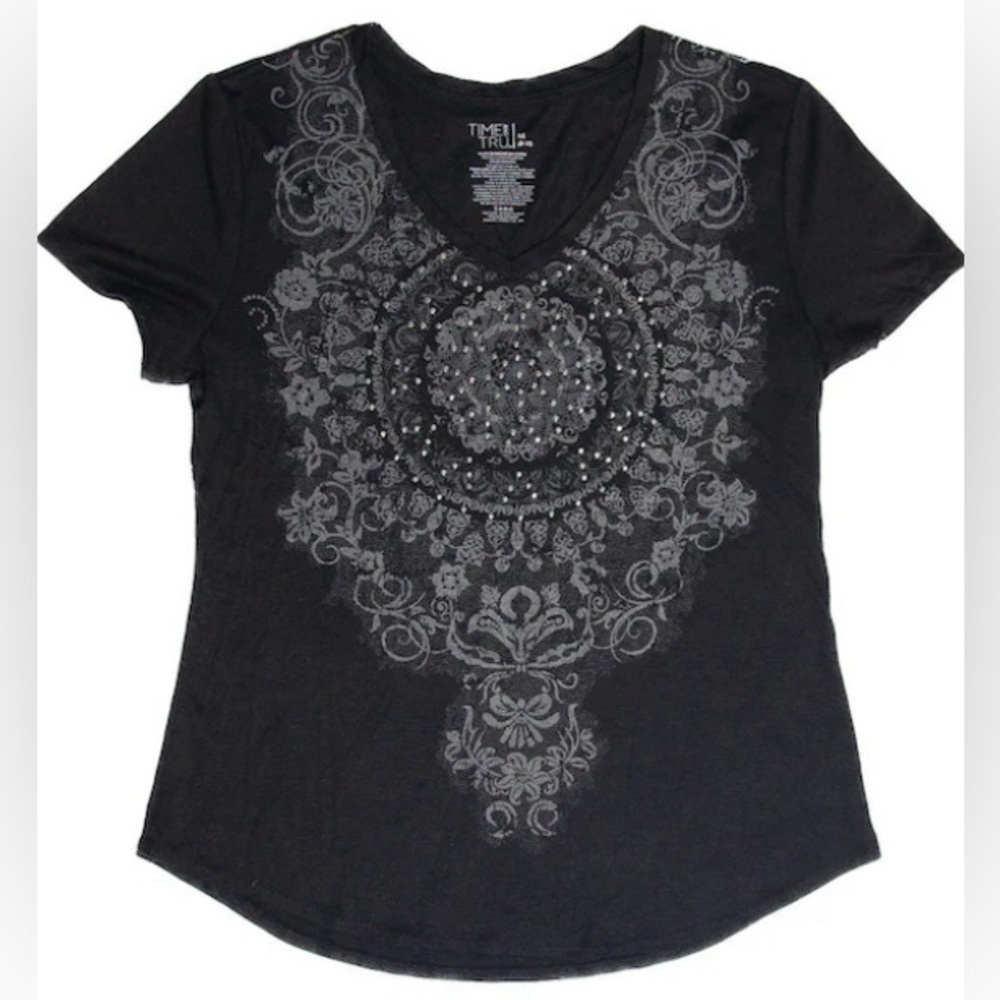 🎁Like New Time & TrueBlack Embellished Rhinestone VneckTshirt- XL 16-18 Bust 42